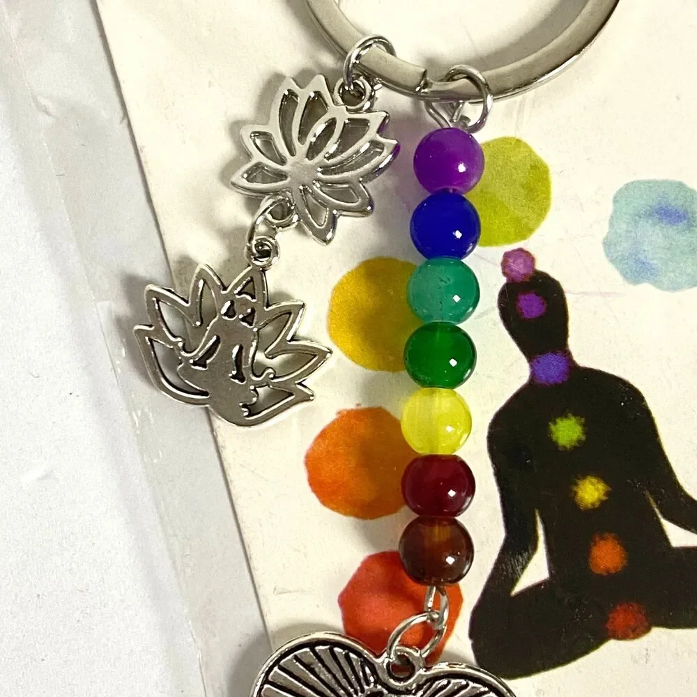 The Seven Chakras Buddha Charm Keychain Multicolor Beads Silver Tone Metal New